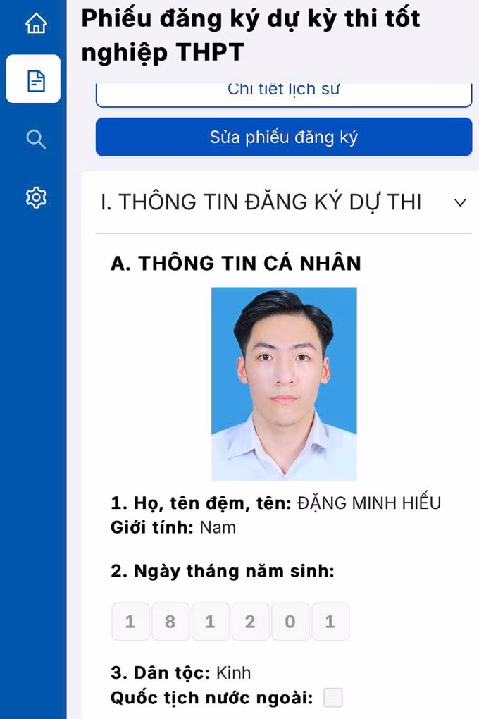 Phiếu dự thi tốt nghiệp THPTQG của Minh Hiếu - minh chứng cho hành trình bền bỉ. Ảnh: NVCC
