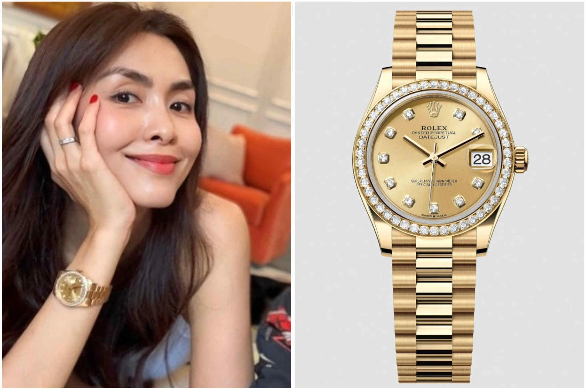 Mẫu Rolex Oyster Perpetual Datejust vàng 18K cũng là một món phụ kiện đẳng cấp trong bộ sưu tập của nữ diễn viên (Ảnh: Rolex).